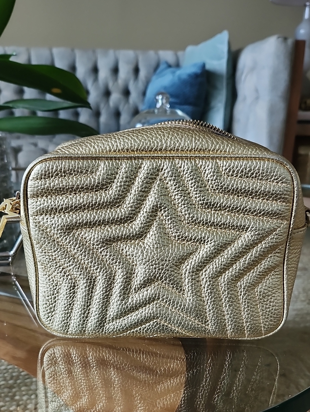Gold Leather Star Crossbody Italian Bag - Women's Metallic Compact Shoulder Bag